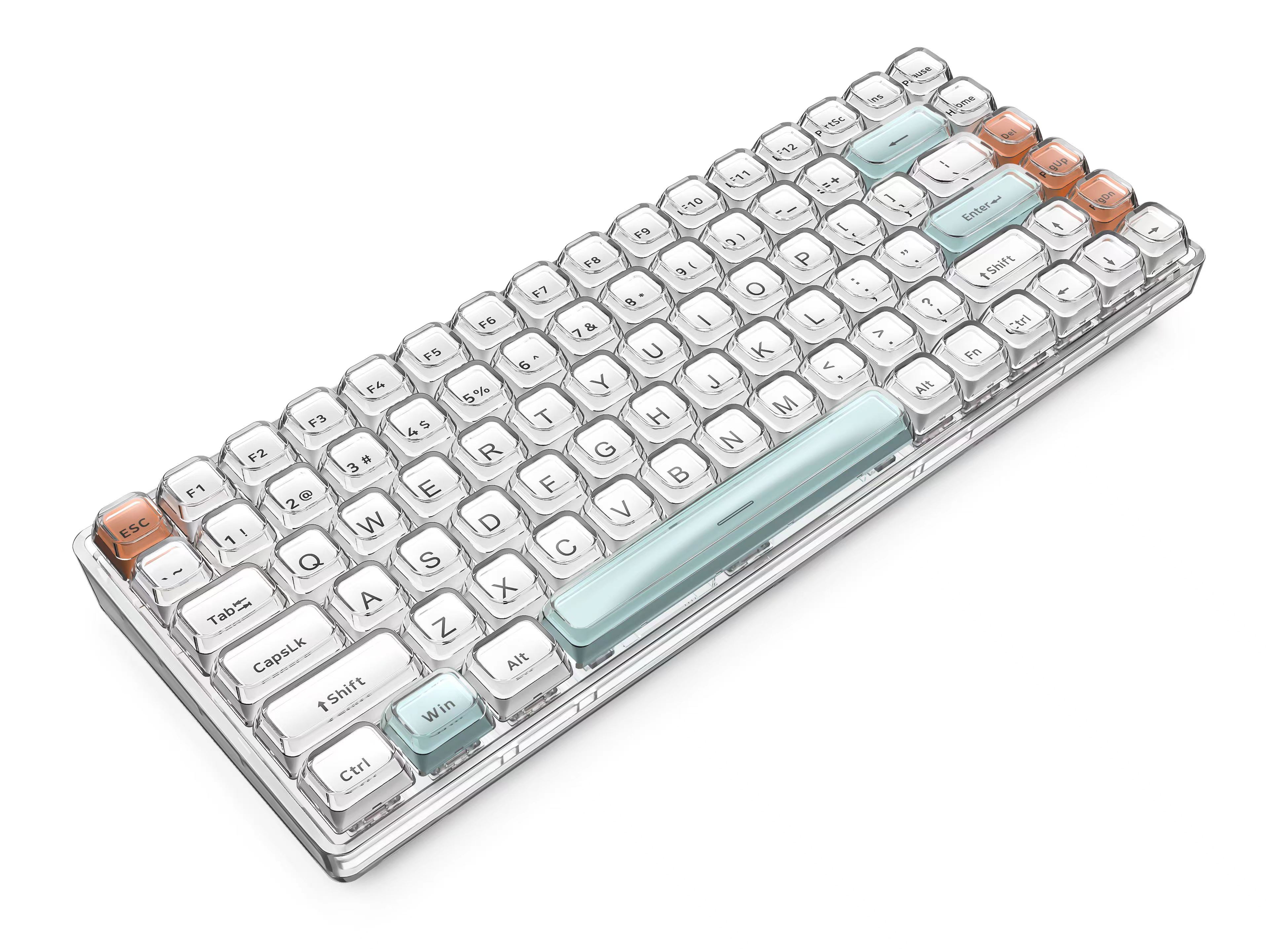 新盟水晶RF84RGB灯光白轴透明双层镂空白无线蓝牙三模机械键盘