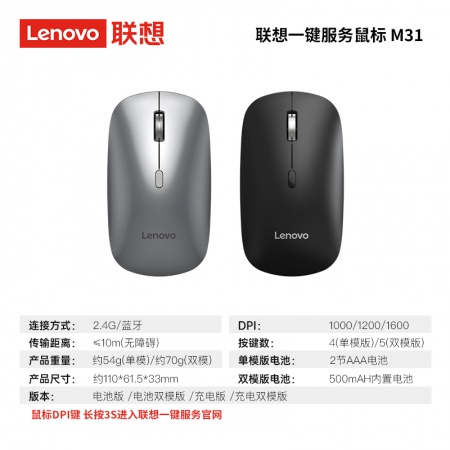 联想M31静音 金属滚轮2.4G+电池一对一对码无线鼠标黑色灰色